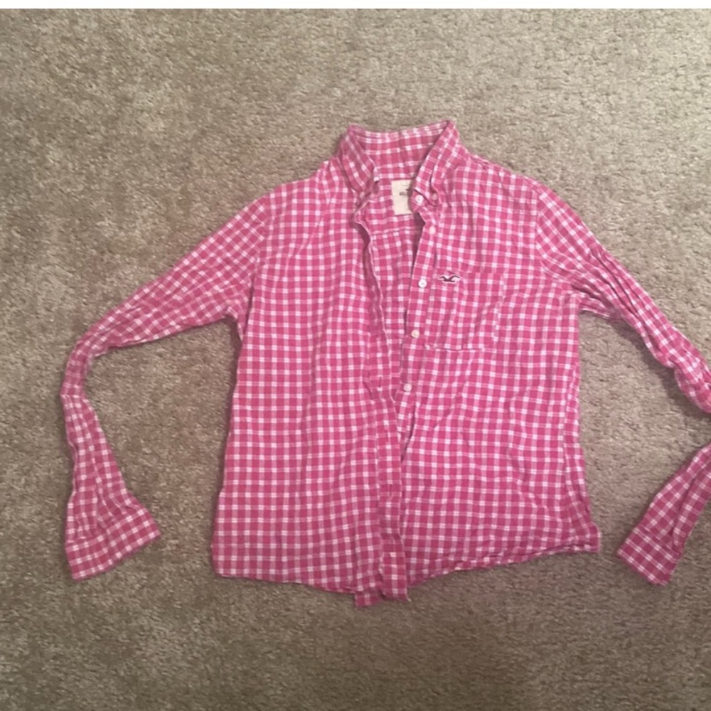 Hollister, large plaid pink and white long sleeve button shirt